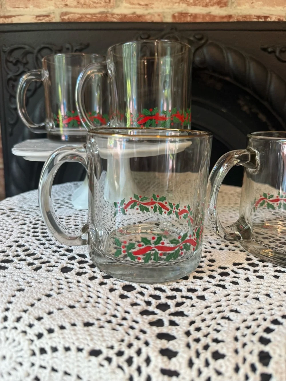 Vtg Libbey Holly Ribbon Christmas Clear Glass Mugs Gold Rim 12 Ounce Set f 4 USA